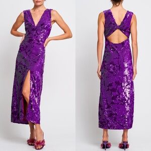 NEW CIEBON Purple PENNY Twist Back VELVET SEQUIN Front slit EVENING DRESS S
